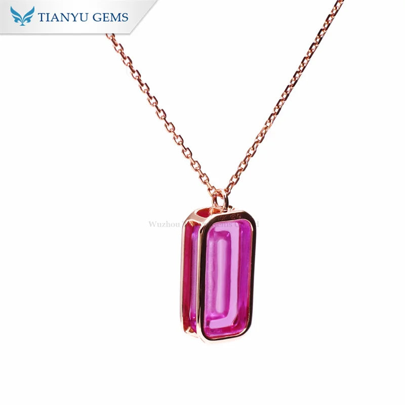 ArtistA Tianyu Pink Sapphire 6x13mm Custom Luxury Jewelry 10K 14K 18K Real Gold Bezel Setting Charming Chain Necklaces for Women