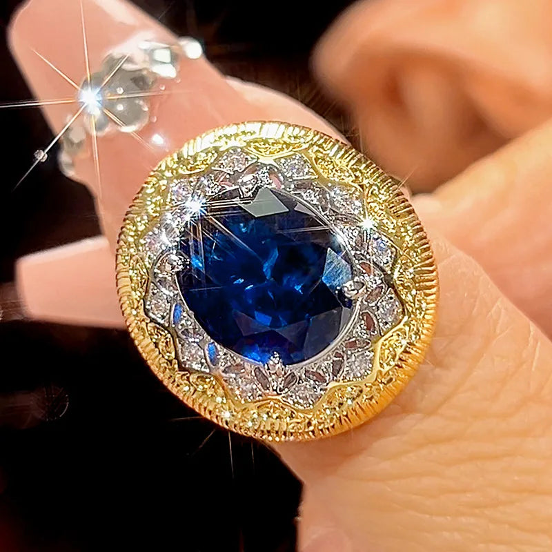 REDheart Brass Inlaid Zircon Plated Two-Color Movable Opening Ring Simulation Blue Pointed Crystal Flower Shape Pendant Necklace Trendy
