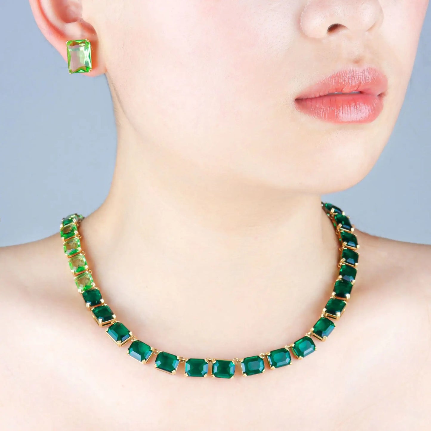 Fashion Women Jewelry Famous Brand Design Green Gradient Swarov Ski Crystal Tennis Chocker Necklace Earring Sets