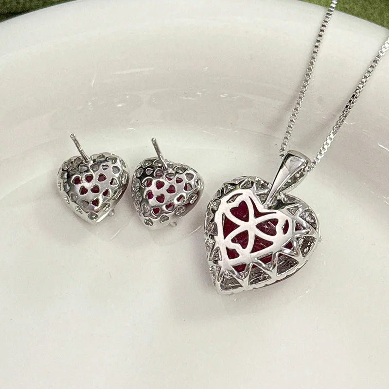 REDheart Zircon-Inlaid 18K Gold-Plated Trendy Women's Copper Bottom Simulation Blue Spike Heart Pendant Wedding Jewelry Set