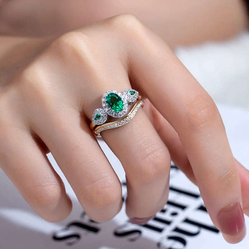 Messi Jewelry  MSR-1048 9K Yellow Gold PT950 Oval Lab Emerald Ring Set Stackable Rings