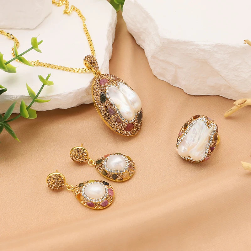 XOTICA Natural Baroque Pearl 18K Gold Plated Women's Gift Jewelry Necklace Bracelet Earrings Fashion Designer Jewelry Set