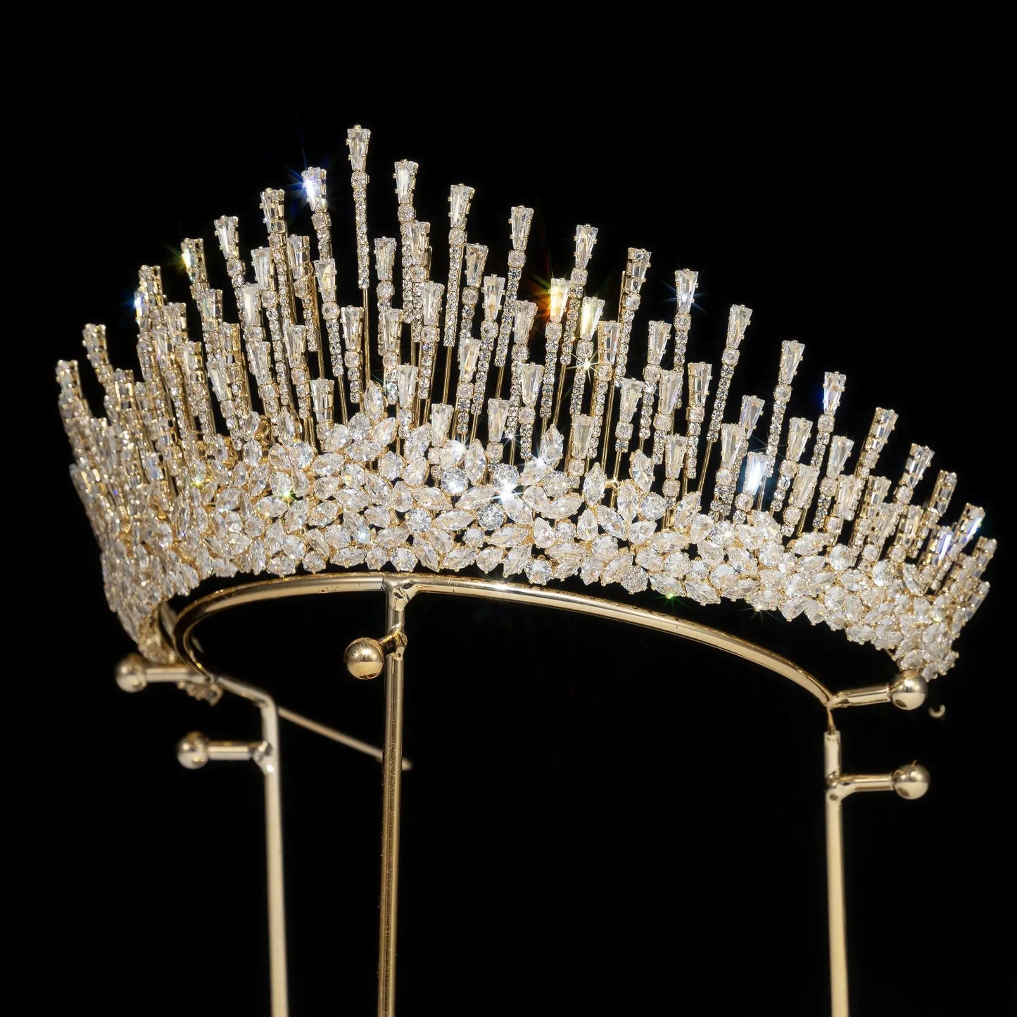 Modern Sunburst Spiked Crystal Tiara for Women Luxury Fringed Zircon Bridal Crown for Wedding Peaked Pageant Crown Tiara