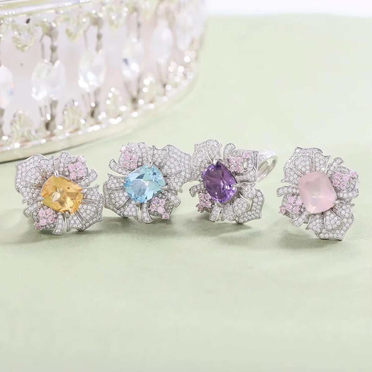 ArtistA Vintage Light Luxury Large Flower Jewelry Set 9X11MM Cushion Natural Stone 925 Silver CZ Flower Pendant Charm Ring Jewelry Set