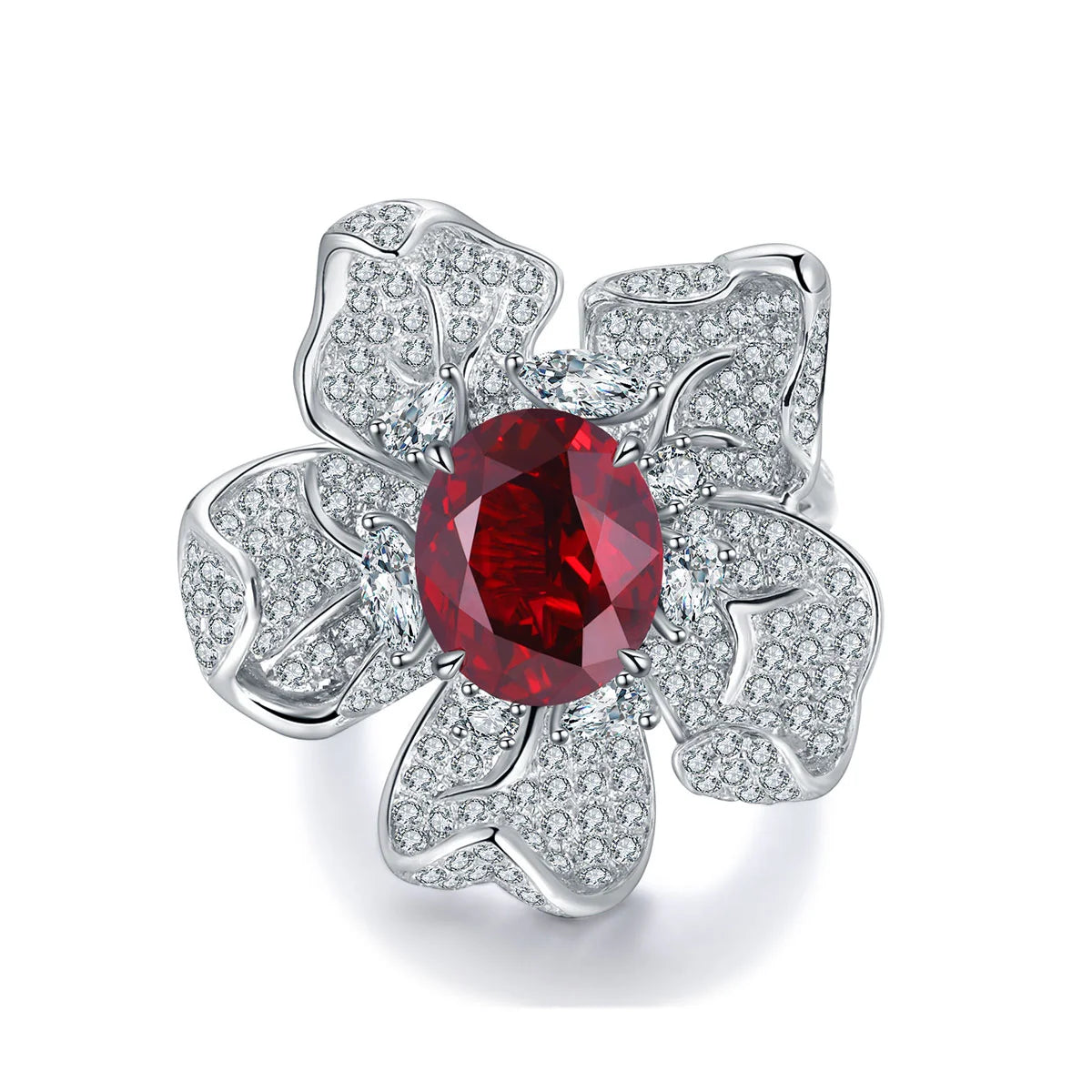 Gemfiori Anster Oval Shape 9k 10k 14k 18k Lab Created Ruby Flower Rings for Women Ring Trendy Style Jewelry