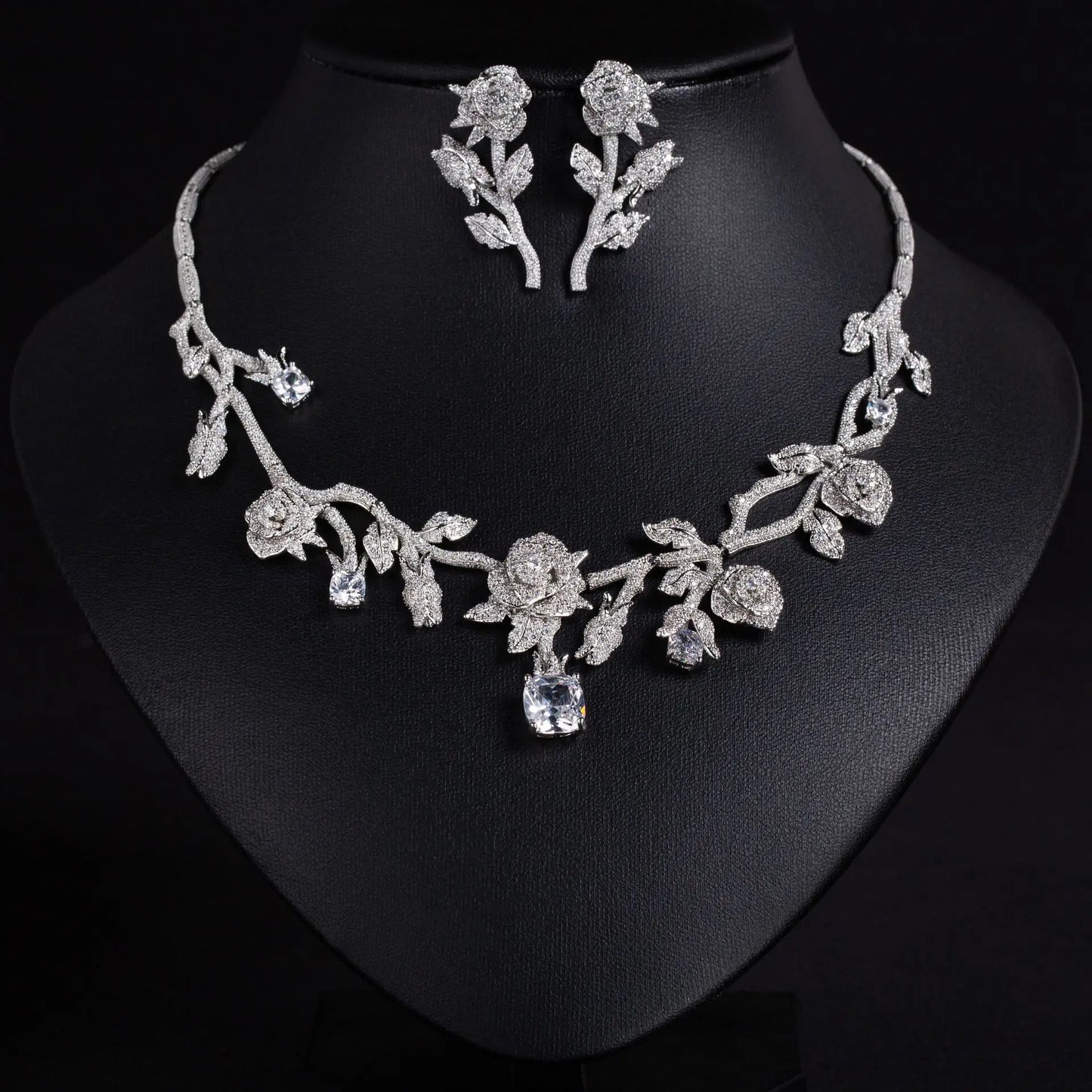 XM S226 Platinum Plated Princess Cut Zircon Rose Flower Statement Necklace & Drop Earrings Bridal Set