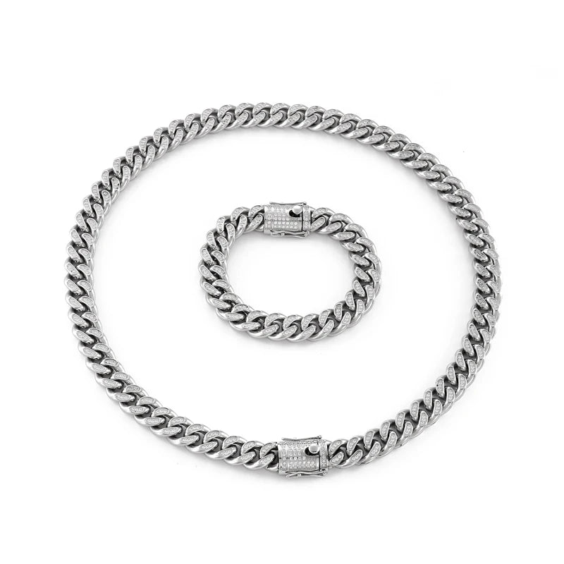 KALEN Luxury High Quality Inlaid Zircon Chain Bracelet Necklaces Men Stainless Steel Jewelry Set