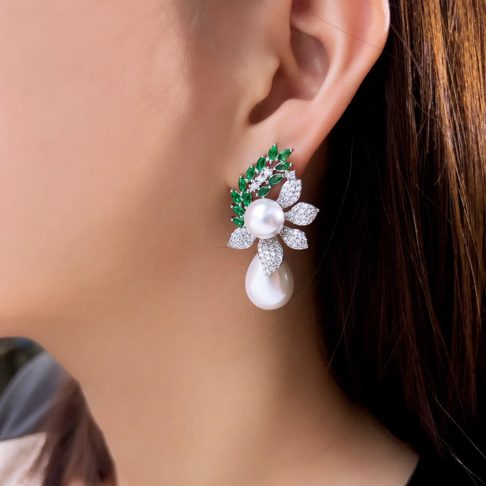 S&S Green CZ Leaf & Pearl Dangle Drop Earrings – Marquise Cut – Rhodium Plated – Collection