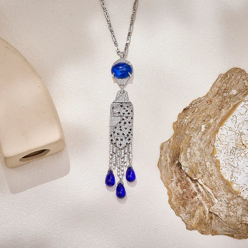 Luxury Leopard Print Teardrop Zirconia Necklace & Earrings Set — Blue & Green