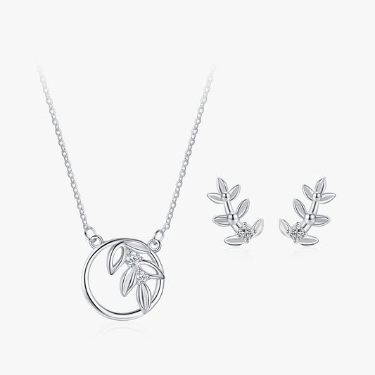 Ailmay 925 Sterling Silver Spring Tree Leaf Leaves Dangle Pendant Necklace Earrings For Women Girl Dazzling CZ Fine Jewelry
