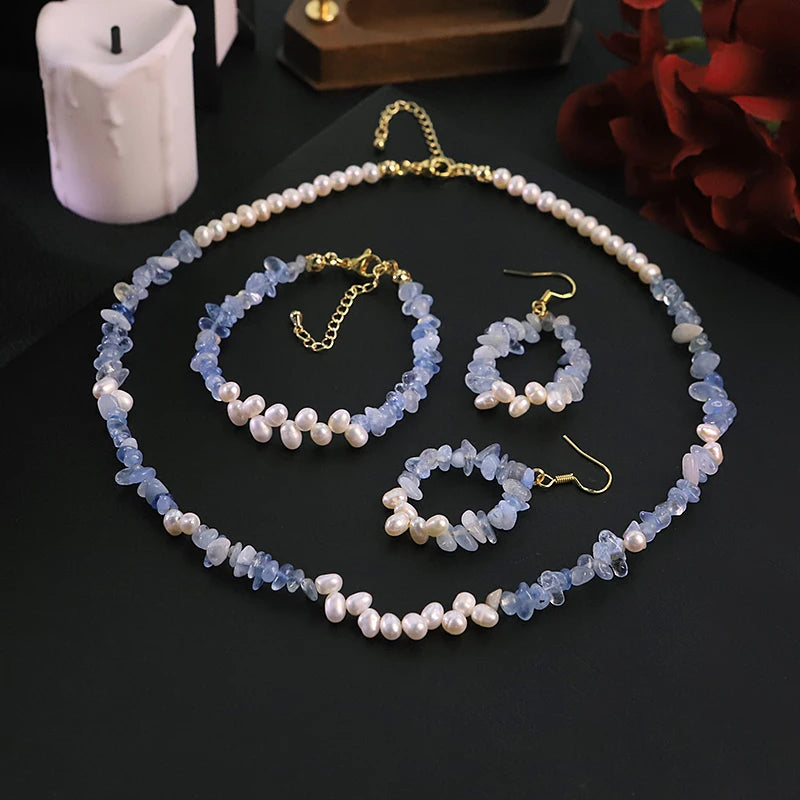 GLSEEVO Natural Freshwater Pearl Aquamarine Jewelry Set for Women Daily Wear Dating Party Pearl Jewelry Set Minimalist Jewelry
