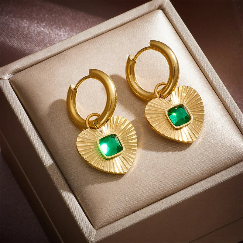 Gold Green Crystal Heart Necklace & Earrings Jewellery Set | Bold Romance Fashion Set