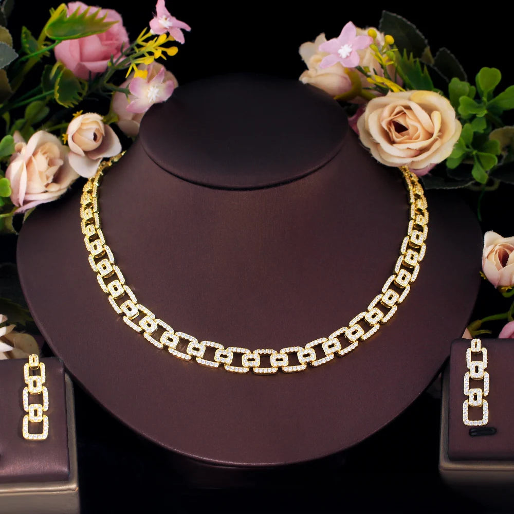 Wholesale 18k Gold Plated Cubic Zirconia Necklace and Earrings HipHop Cuban Chain Link Party Jewelry Sets for Women Men