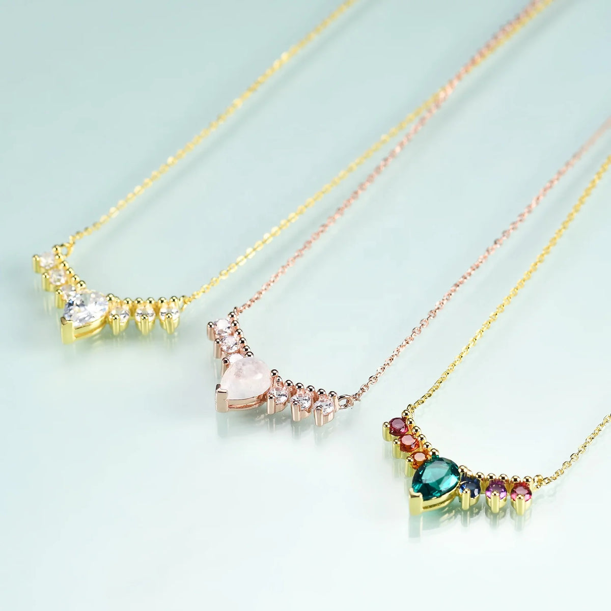 ArtistA OL1039N Abiding Fashion 925 Sterling Silver Rose Gold Plated White Cz Pear Cut Rainbow Moonstone Colored Nano Gemstone Necklace