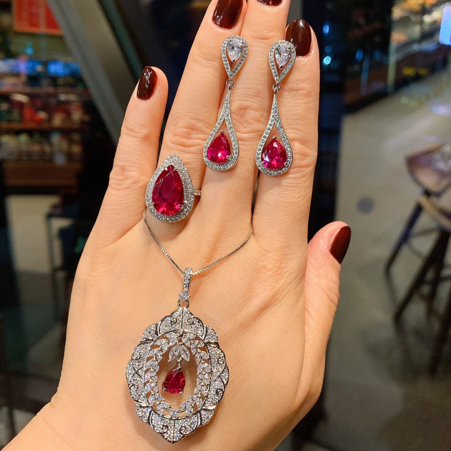 Fashion Red Cubic Zirconia Vintage Micro Pave Diamond Necklace Earrings Set Eco-friendly Copper Red Zircon Jewelry Sets