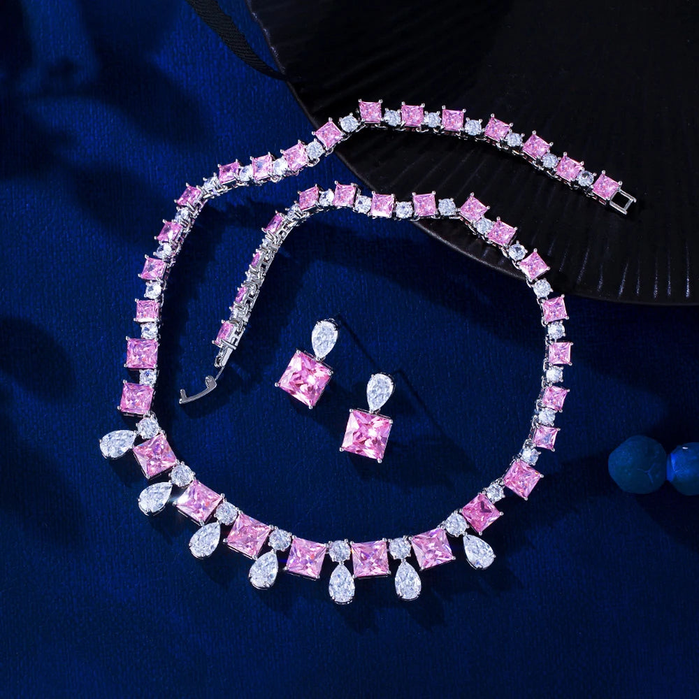 Romantic Pink and White Cubic Zircon Silver Plated Necklace Earring Women Wedding Jewelry Set for Engagement Jewellery Accessory