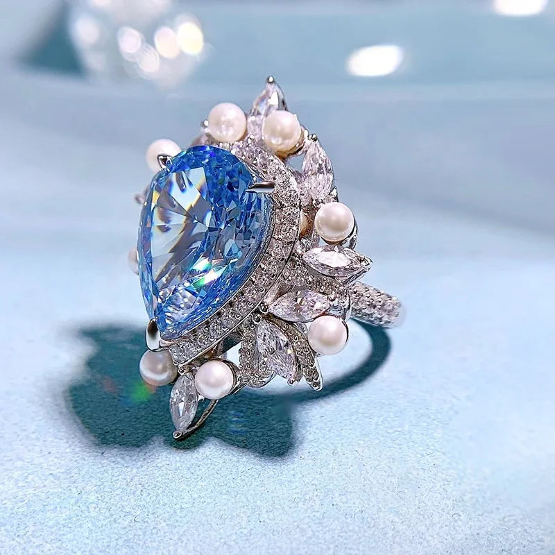 MuShan Jewelry Factory 925 Sterling Silver Rings High Carbon Diamond 11*15mm Ocean Heart Blue Water Drop Gemstones Ring Jewelry