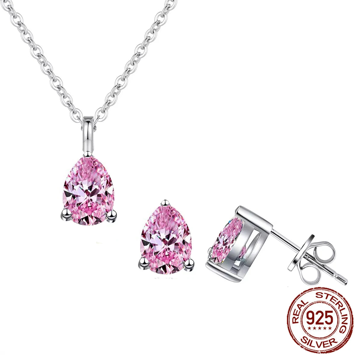 Beauty 925 Sterling Silver Jewelry Set Pink CZ Water Drop Pendant Necklace Stud Earrings Jewelry Set for Women Girls Party Wear