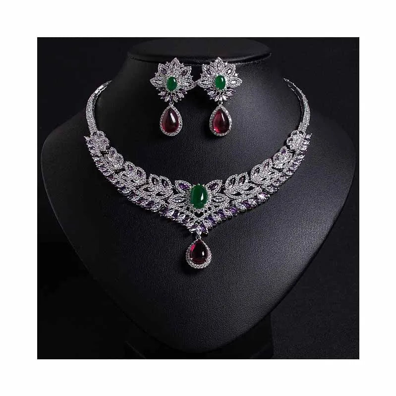 Luxury Oval-Cut Zirconia Nigerian & African Geometric Necklace & Earrings Bridal Set — Rhodium Plated