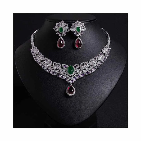 Luxury Oval-Cut Zirconia Nigerian & African Geometric Necklace & Earrings Bridal Set — Rhodium Plated