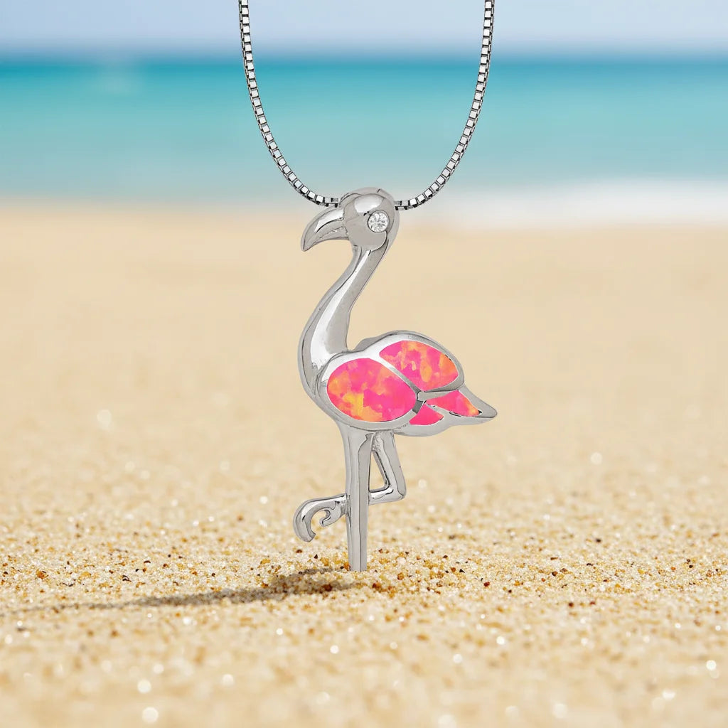 Shimmering Open Flamingo Necklace Opal Inlaid Pendant Fashion Jewelry