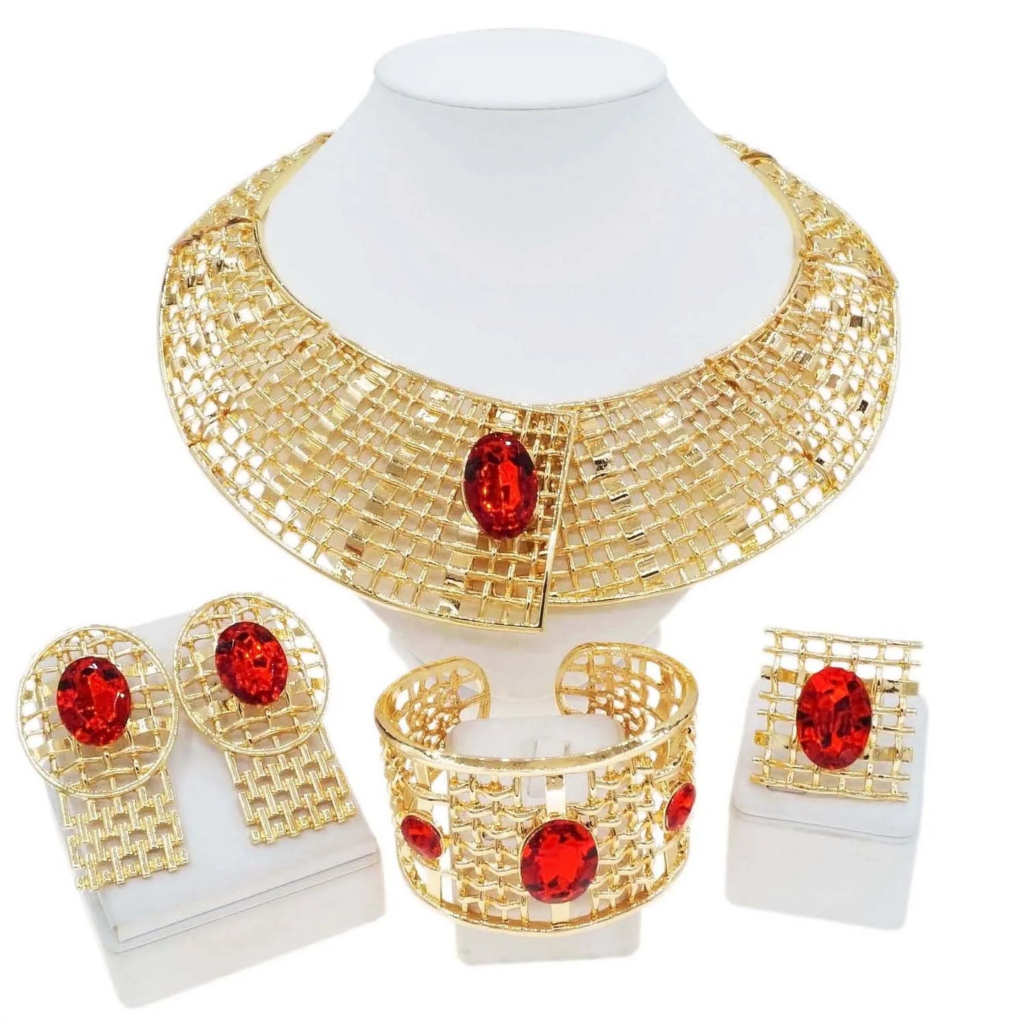 Zhuerrui Factory Bridal Gold Jewelry Sets Latest Silver Red Diamond Necklace Jewelry Set Fashion Woman Festival Gifts H20177