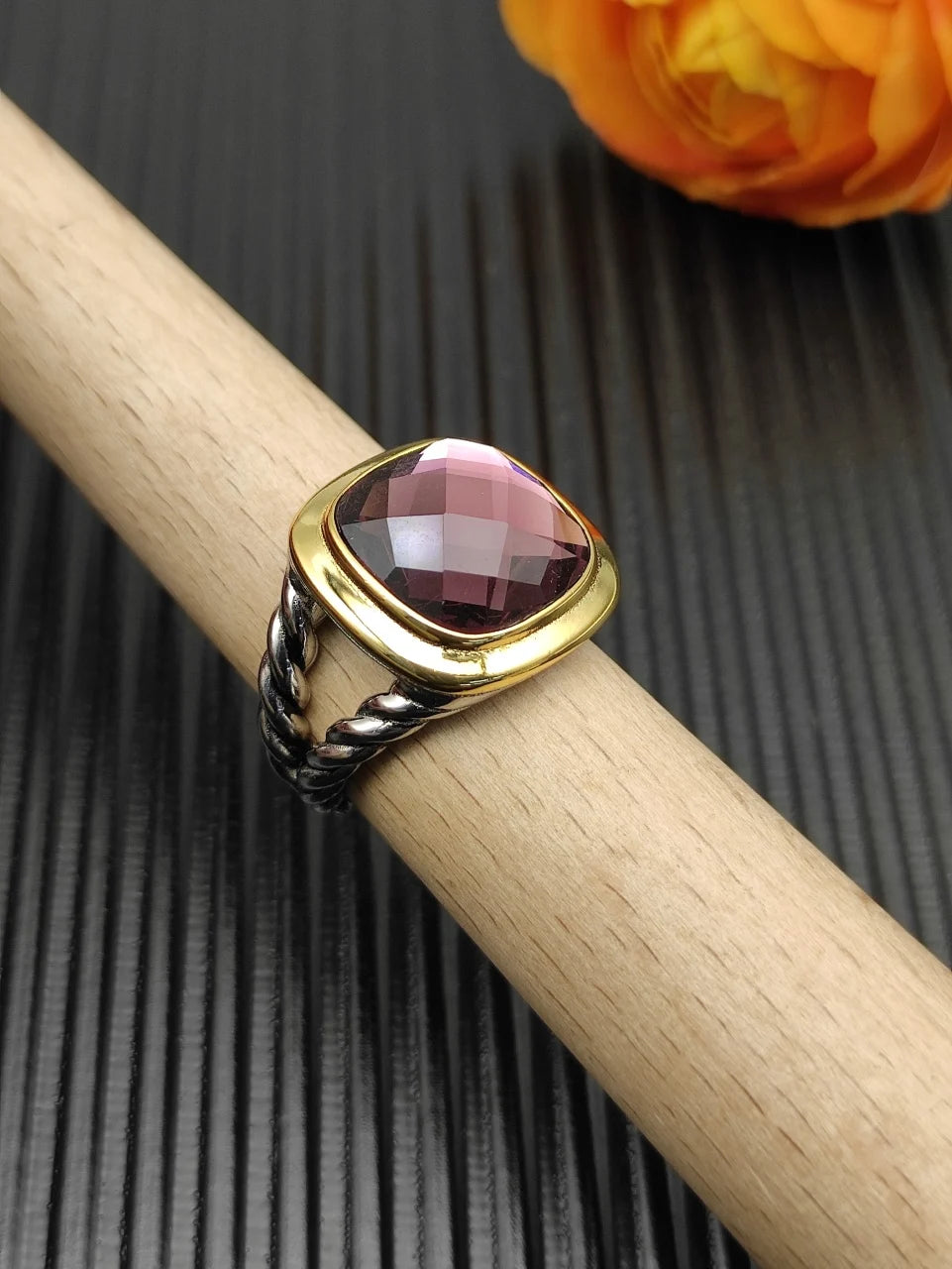 DY High-Quality Silver-Plated 14mm Square Diamond-Set Ring, Gold-Plated Colored Gemstone-Set Ring, Wholesale Jewelry