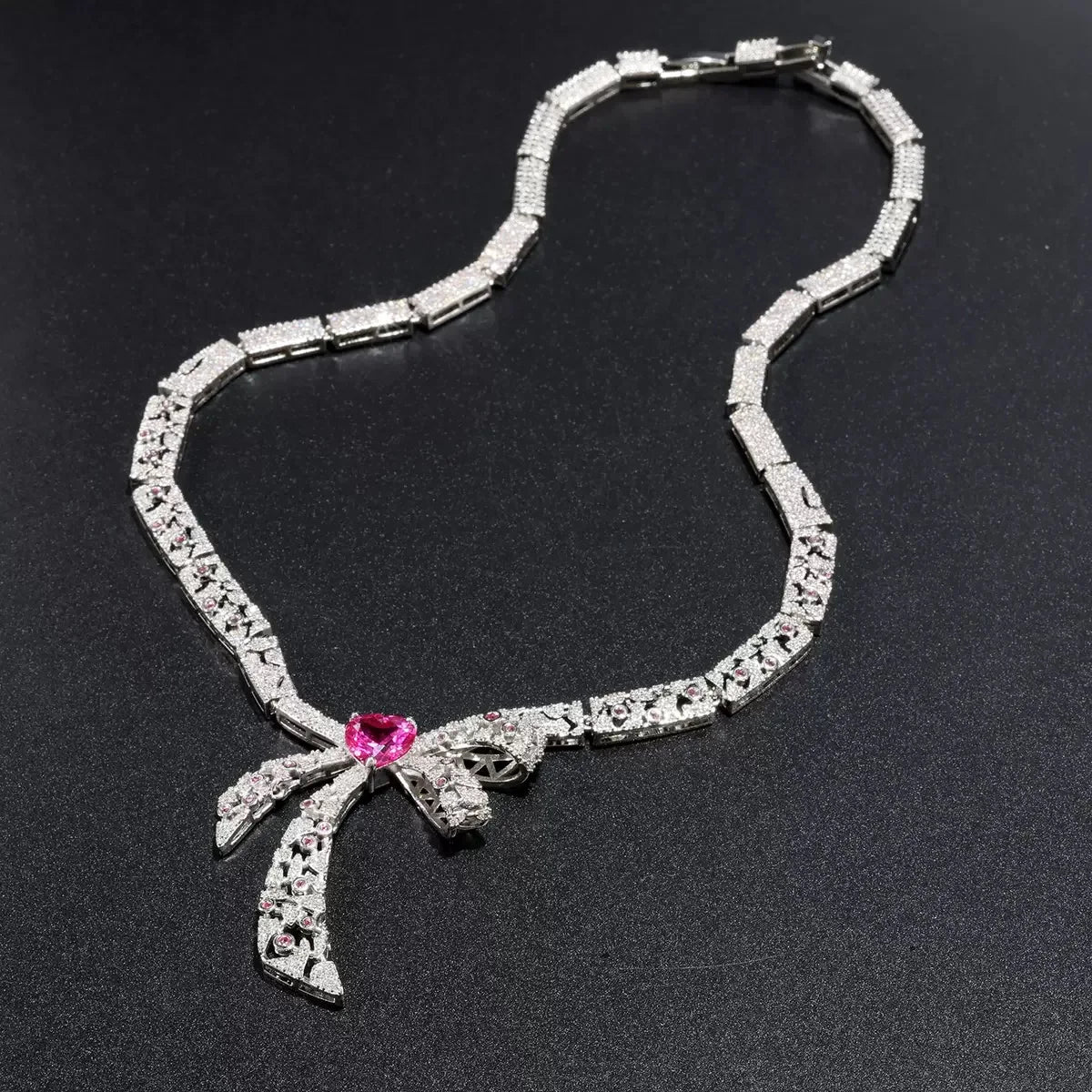 Bella Viva Luxury Pink Heart Bow Necklace & Earring Set, Platinum Plated Brass & Cubic Zirconia, for Bridal & Gift & Party