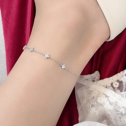 Tarnish Free Fashion 925 Sterling Silver Clovers Flower Anklet for Women Cubic Zirconia Leg Chain Link Lucky Jewelry Gifts