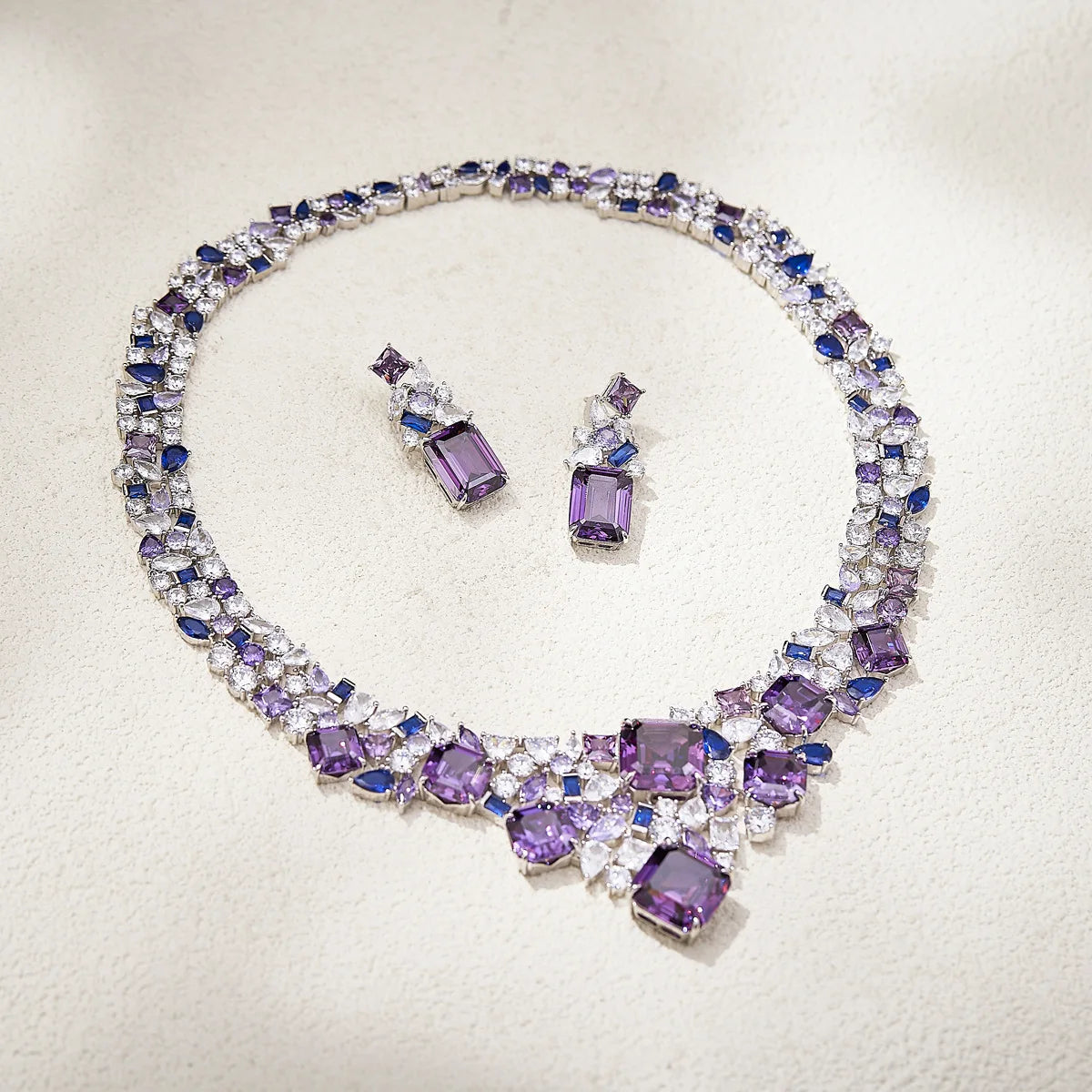 Sparking Pink Purple Yellow Top High 5A Zirconia Full Paved Star River Design Necklace Earring Set Women Evening Gown Accessory