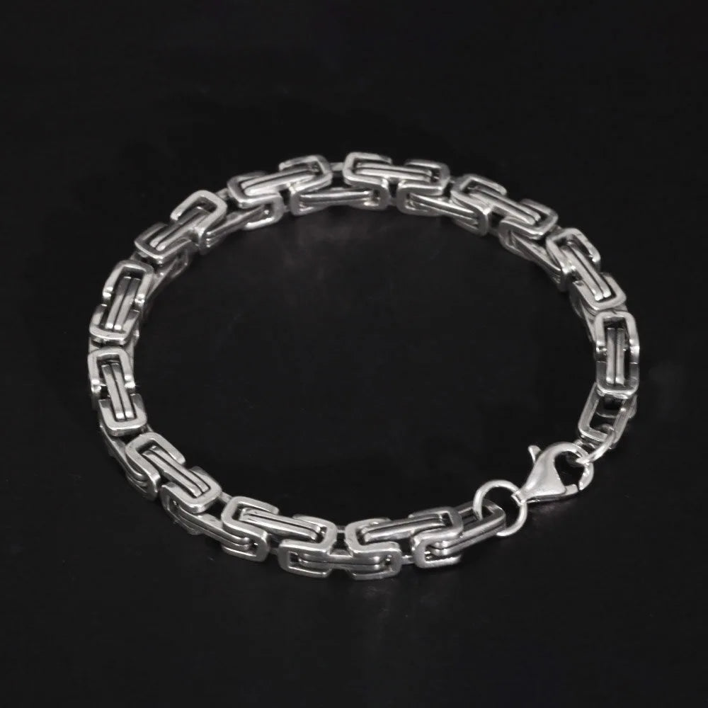 REBEL 925 Sterling Silver Byzantine Cuban Chain for Men and Women Punk Hip Hop Retro Square Lovers Bracelet