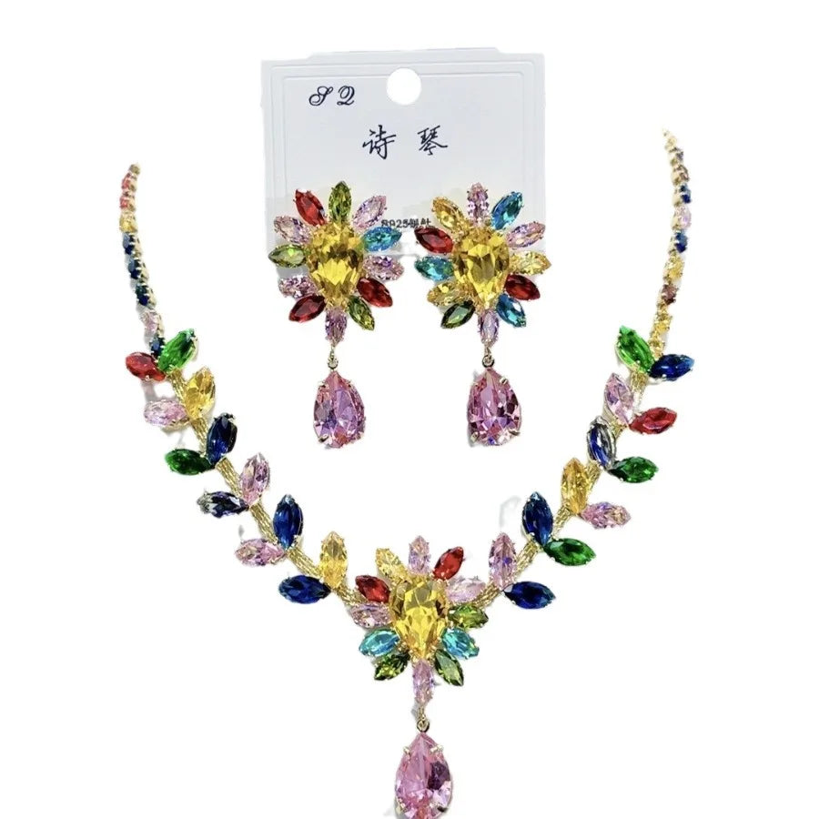K029 High End Trendy Luxury Exquisite Multi Zircon Flower Necklace and Earrings Set Women Elegant Jewelry Set for Party