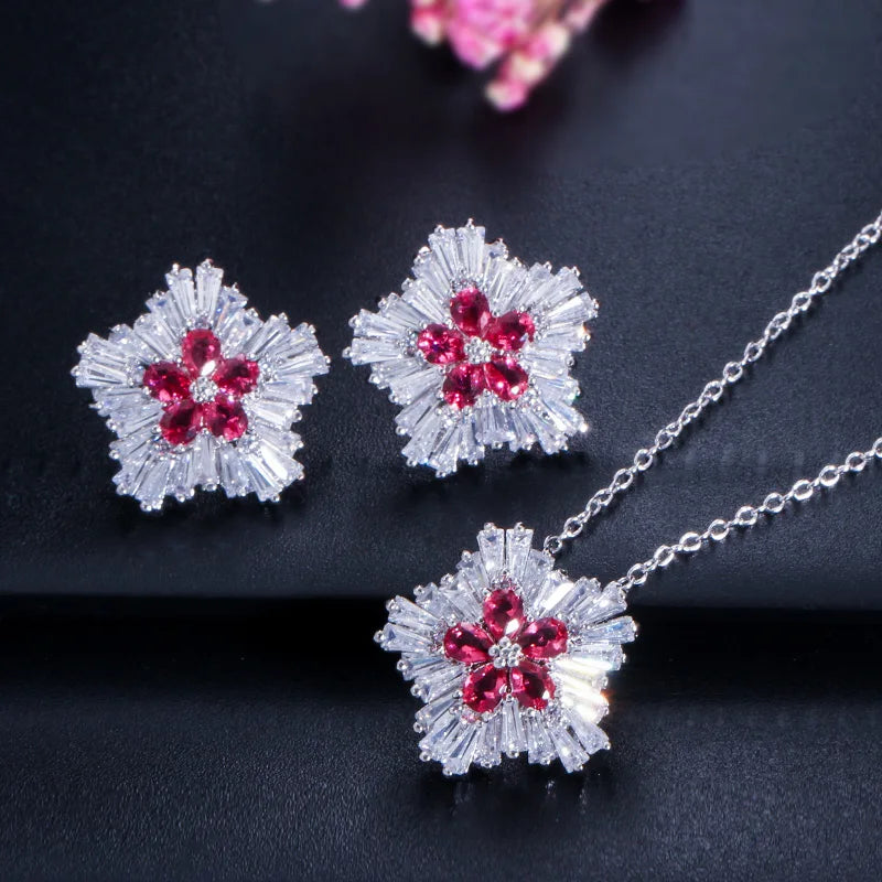 S&S CZ Snow Flower Pendant Necklace & Stud Earrings Set – White Gold – 4 Colours – Collection