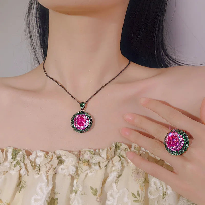 Gemfiori Exquisite Personalized Luxury Jewelry Set Green Zircon Temperament Banquet Ring High-end Feeling Collarbone Chain
