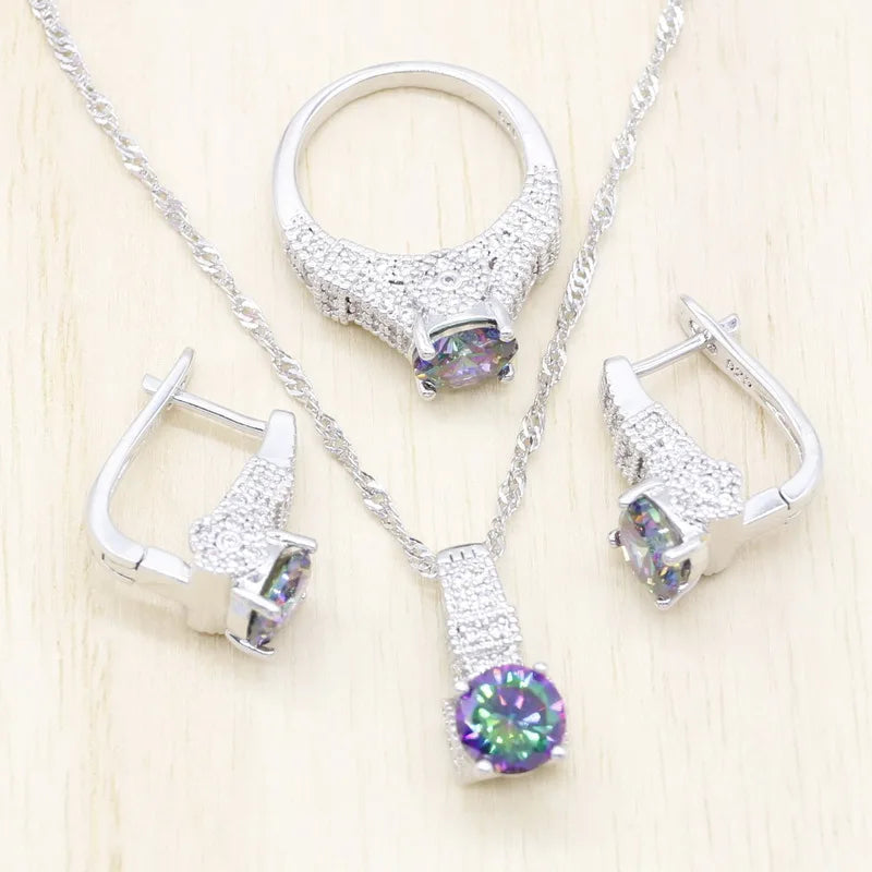 XOTICA Trendy 925 Sterling Silver Jewelry Set Luxury Rainbow Cubic Zircon Classic Wedding Party Bridal Earrings Pendant Necklace Design