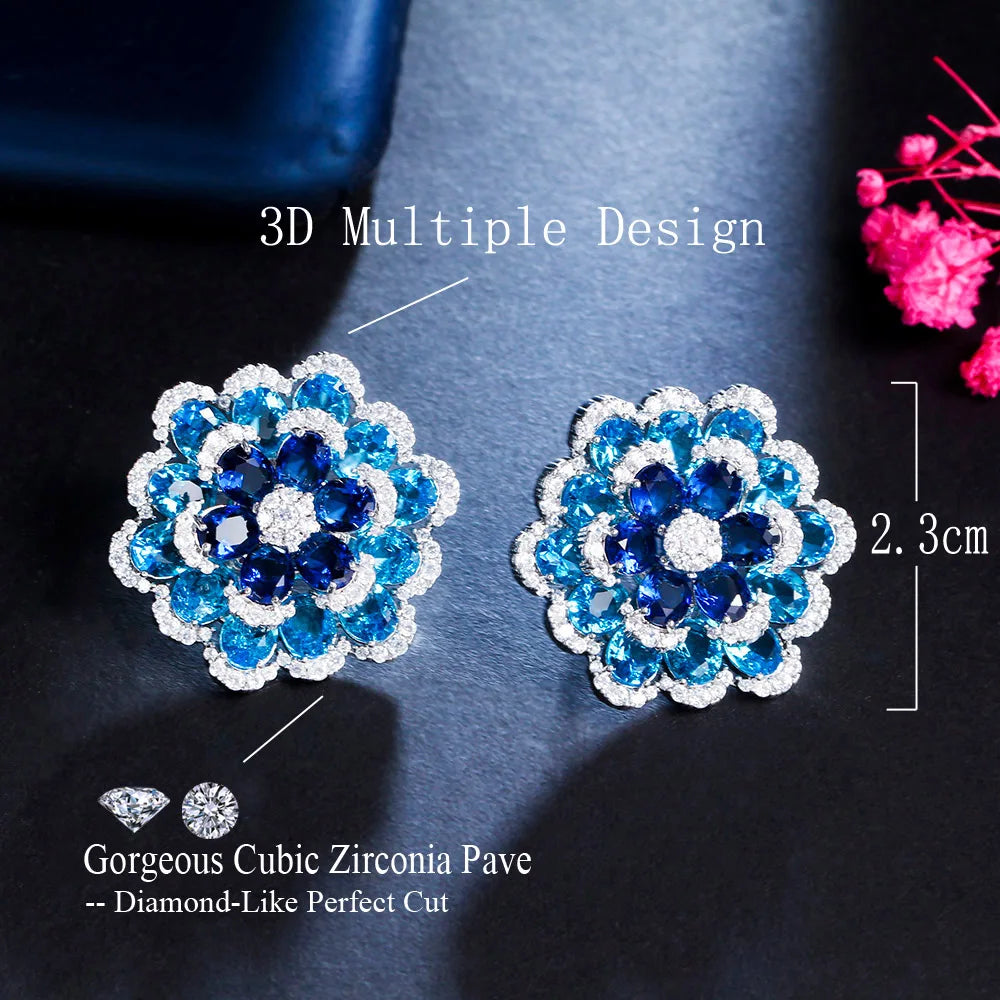 S&S Blue CZ 3D Flower Full Pavé Stud Earrings – Rhodium & 18K Gold Plated – Collection