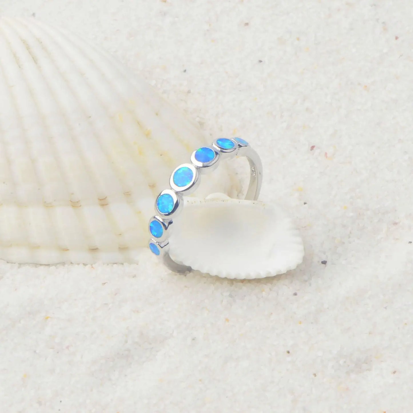 Gradient Round Blue Opal Stackable Ring | Iridescent Gem Inlay  Band | Minimalist Layered Jewelry for Women Trendy Style
