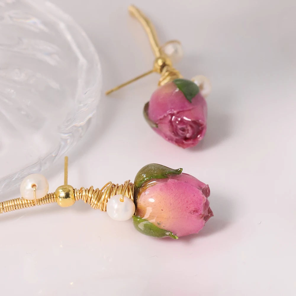 Natural Pearls Pink Bead Dropping Glue Flower Earrings Korean Style Women Luxury Jewelry Fashion Ladies and Girls Gift