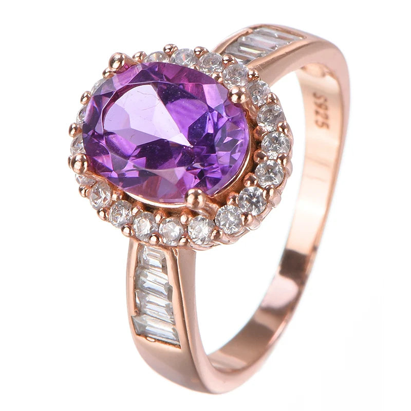 Gioiellieri Natural Amethyst Rhodium Plated 925 Sterling Silver Luxury Oval Cut Prong Setting Third Party Certified Engagement Ring for
