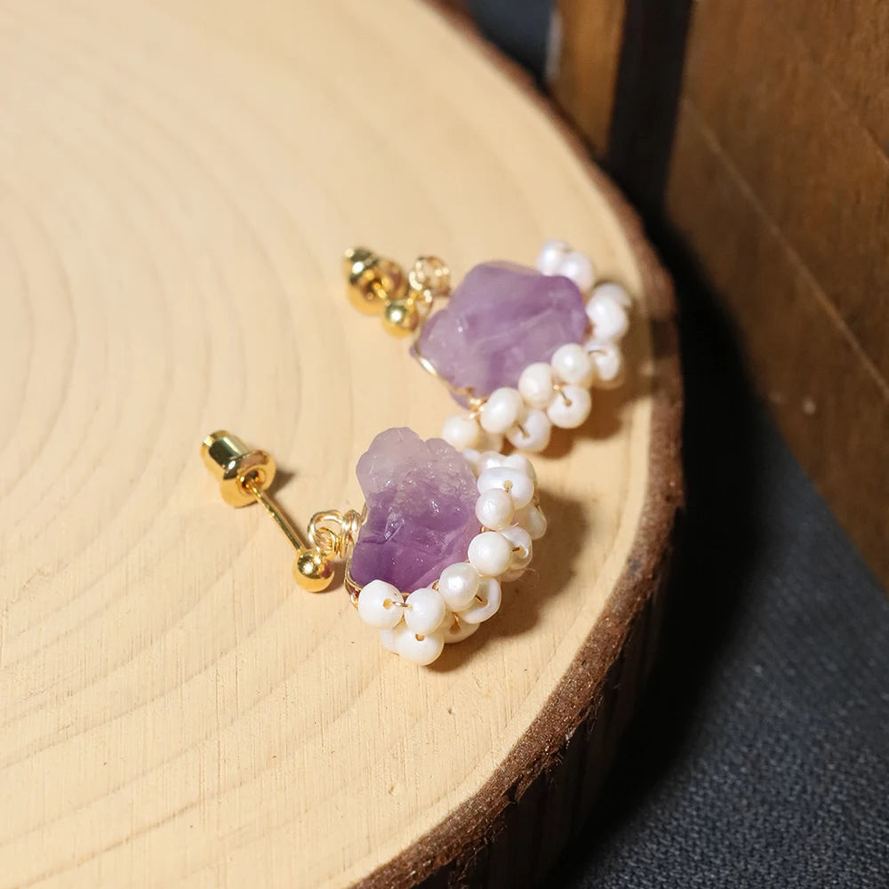 Natural Freshwater Pearl Amethyst Edging Earrings Korean Style Women Luxury Jewelry Fashion Ladies and Girls Gift GE1589
