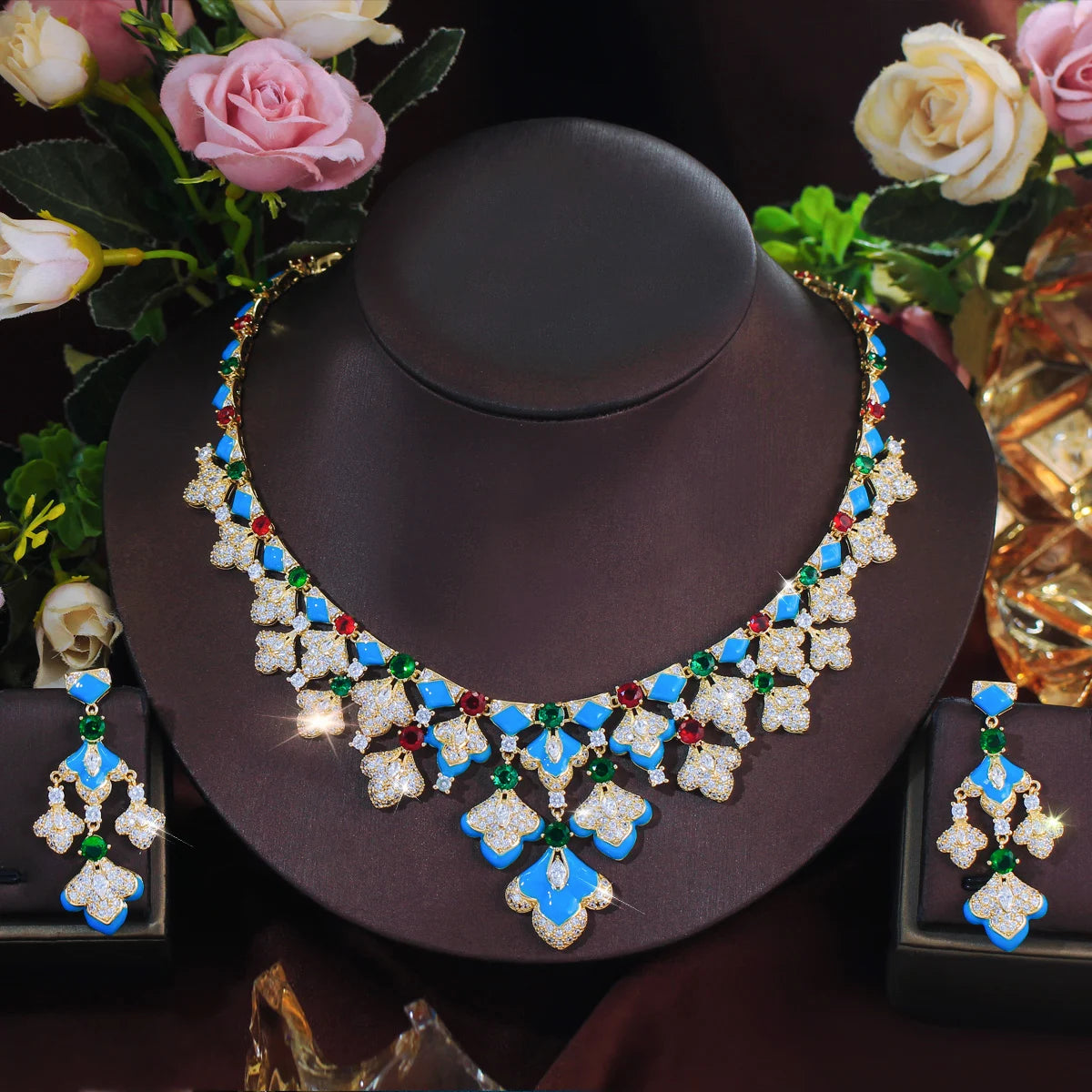 Gorgeous Mediterranean Style Blue Enamel Green CZ Necklace and Earrings Sets Vintage Luxury Jewelry Set for Banquets Vacations