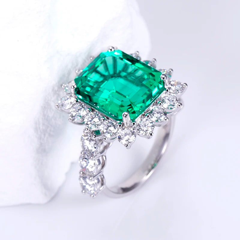 Gemfiori MSR-1510 18K White Gold Luxury Engagement Ring 11x13mm Emerald Cut Lab Emerald Stones Lab Grown Diamond Ring