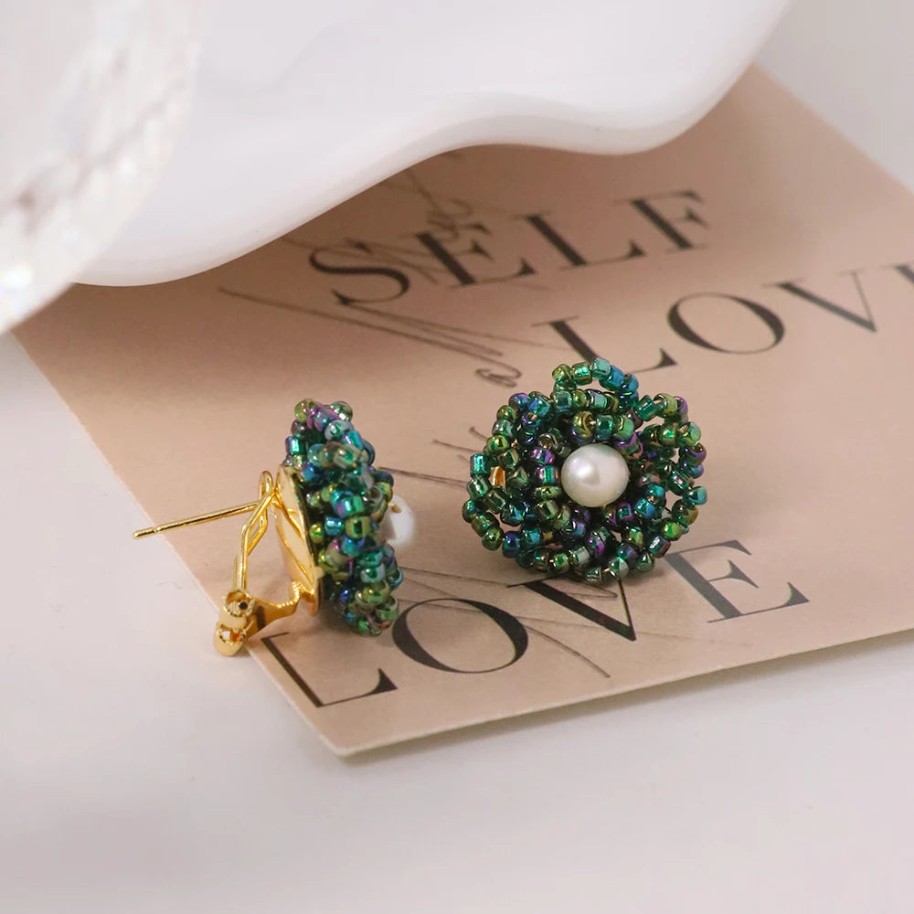 Natural Freshwater Pearl Green Glass Earrings Earring for Woman Korean Fashion Style Vintage Personality Lady Jewelry