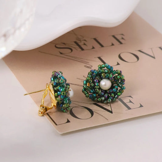Natural Freshwater Pearl Green Glass Earrings Earring for Woman Korean Fashion Style Vintage Personality Lady Jewelry