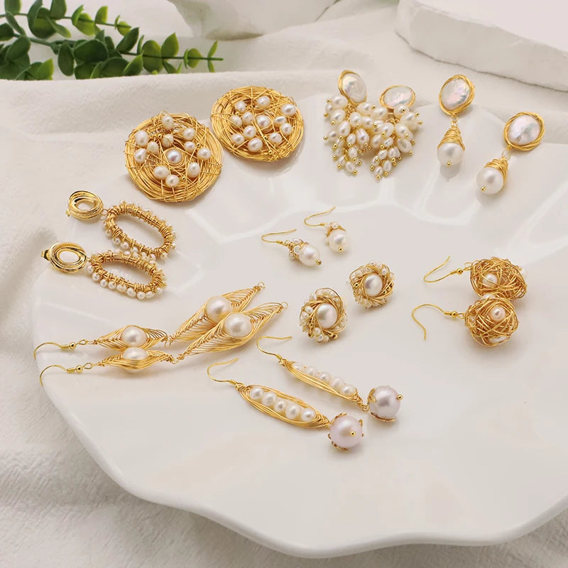 Natural Freshwater Pearls Metal Stud Earrings  Geometric Irregular  for Women Girl Gift Pearl Earrings Fashion Jewelry