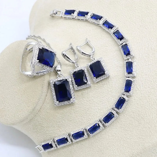 Women's Custom Silver Set Square Blue Sapphire Wholesale Rings Bracelets Earrings Pendant Necklace for Wedding Party Gift Alloy