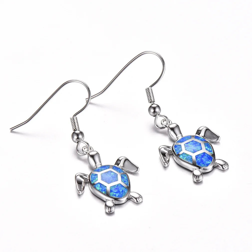 Ocean Vacation Vibes Blue Aobao Opal Sea Turtle Bohemian Christian Pendant Earrings Silver Plated Women's TikTok Top Seller