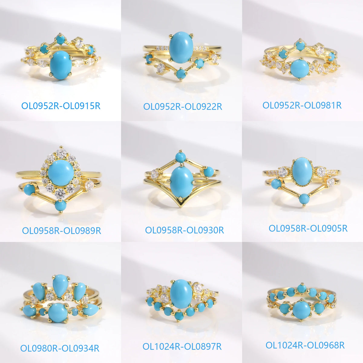 ArtistA Abiding Light Luxury Cluster Zirconia Synthetic Turquoise Gemstone 925 Silver Wedding Engagement Ring Set