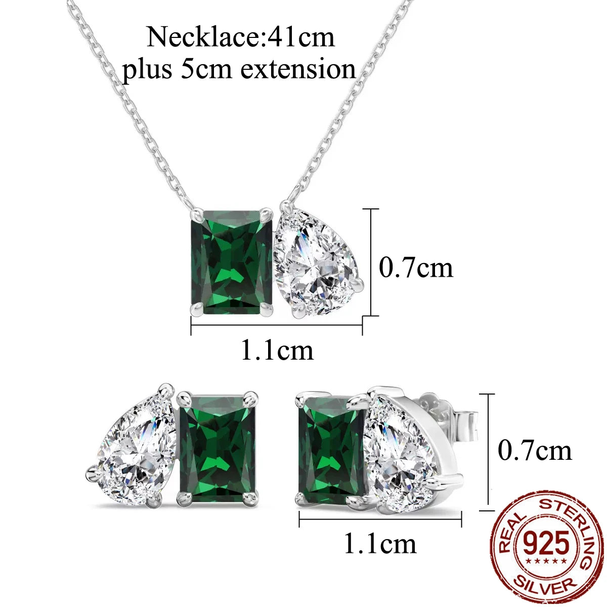 Fashion CZ 925 Sterling Silver Jewelry Set Green Baguette Drop Zircon Pendant Necklace Jewelry Set for Women Girls Daily Wear