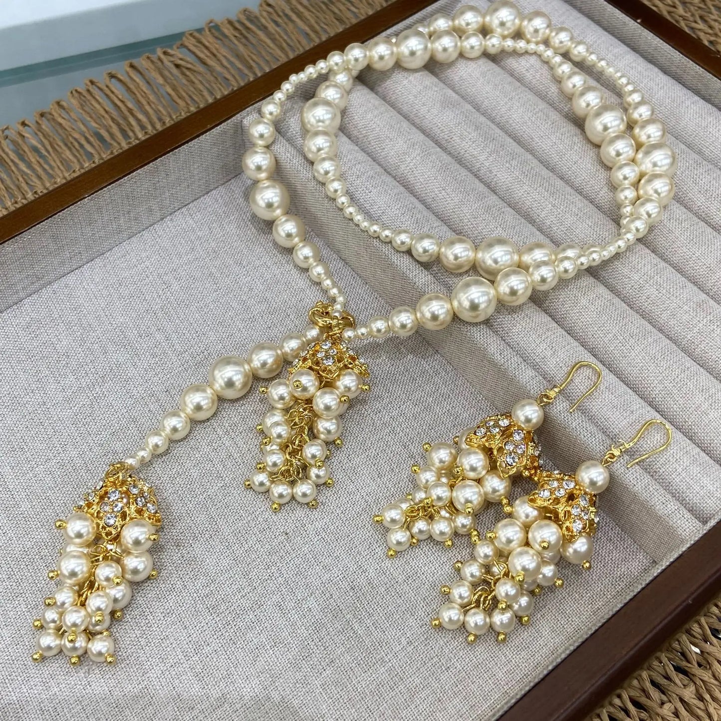 Gold Plated Bridal Long Pearl Necklace Earrings Two Piece Jewelry Set Indian Dubai Style Grape Design Pearl Gold Jewelry Set